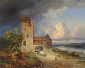 Landschap bij de rivier met toren en poort, 1844